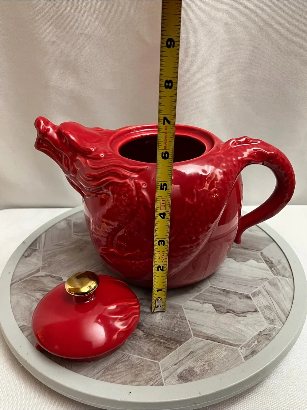 Red Dragon Ceramic Teapot Gold Lid Knob Asian Chinese Tea Pot Decor